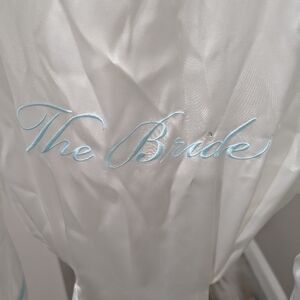 BRIDE Satin Robe, Elegant Long Sleeve V Neck Robe With Belt. White & Blue